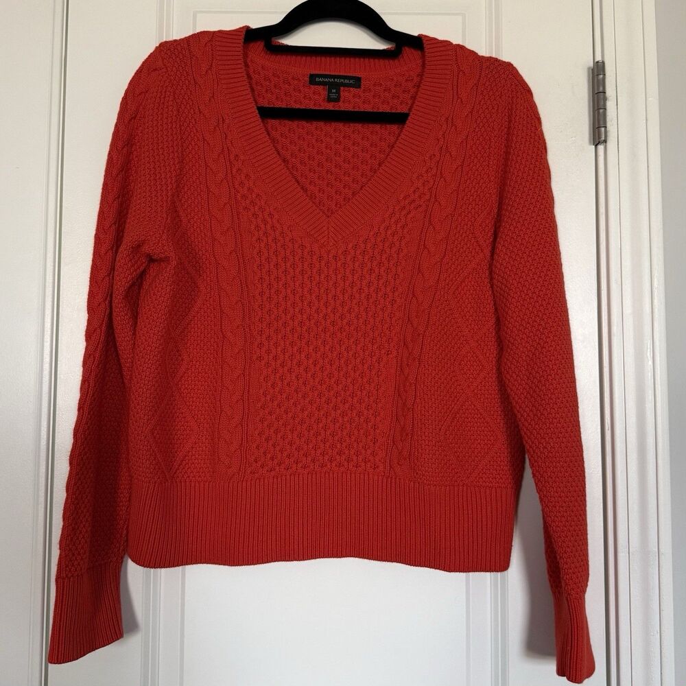 Banana Republic Sweater Womens Red Cable Knit Pullover V Neck Cotton Blend Sz M